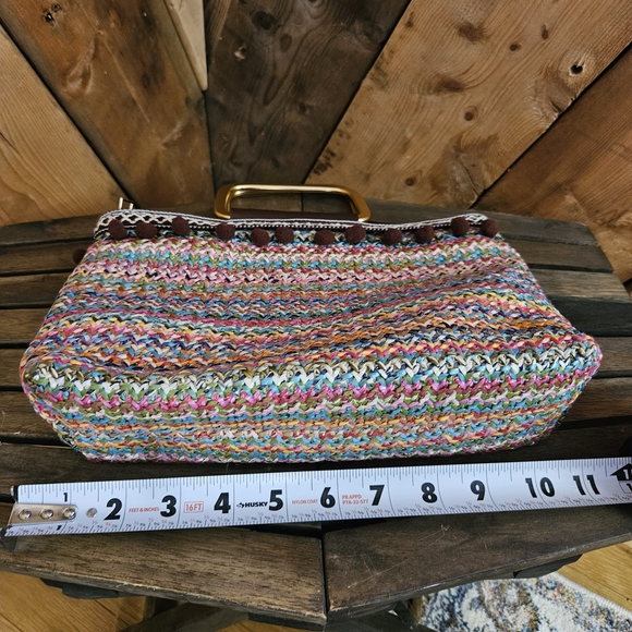 Boho Bundle! Woven Fabric Tote Bag Metal Handle Pom Poms And NWT Guess Wallet - Picture 11 of 12